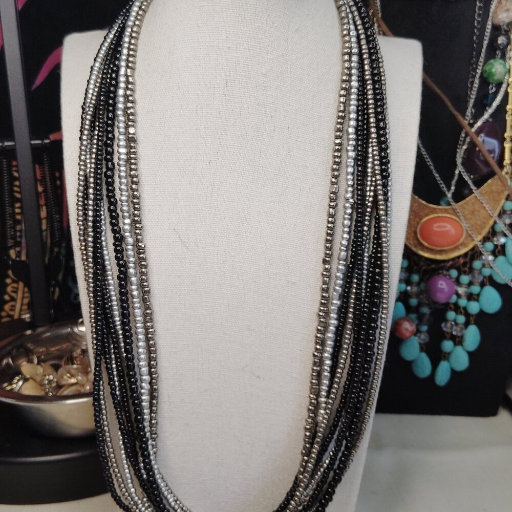 Black and Silver Glass Bead Multi Strand Statement Necklace